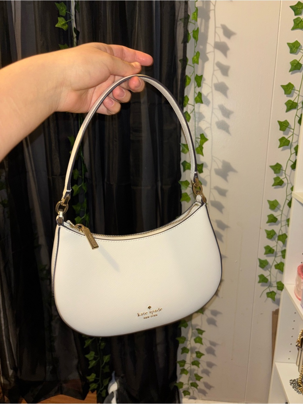 kate spade White Leather Crescent Shoulder Bag with Gold Hardware